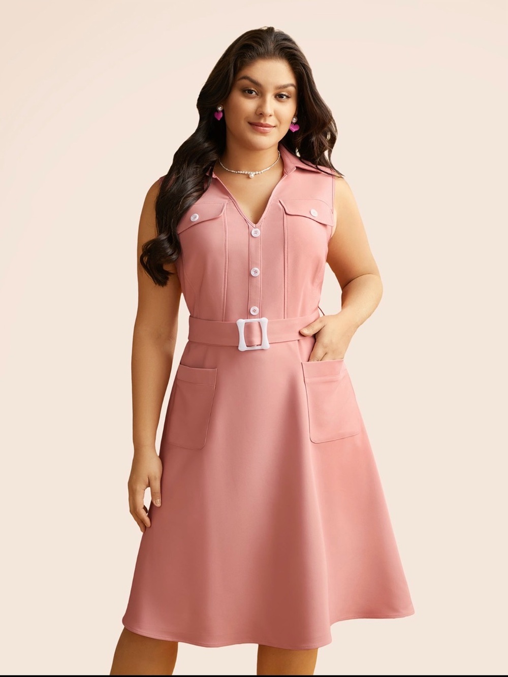 BloomChic Sleeveless Rose Pink Belted Midi Dress